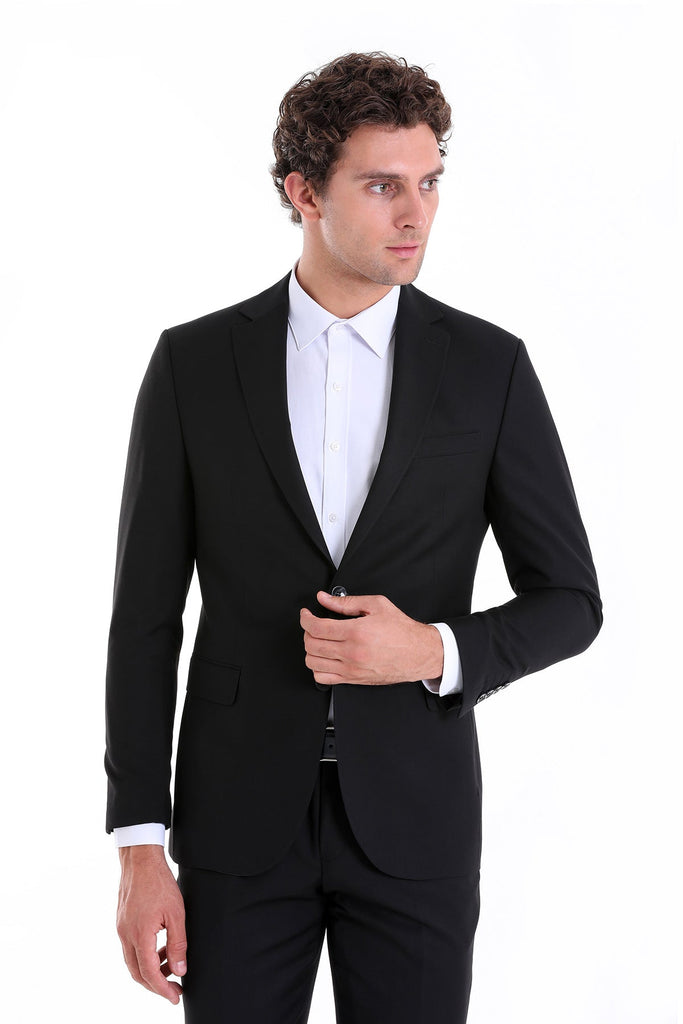 Comfort Fit Notch Lapel Plain Black Classic Suit - MIB