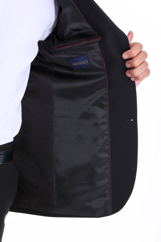 Comfort Fit Notch Lapel Plain Black Classic Suit - MIB