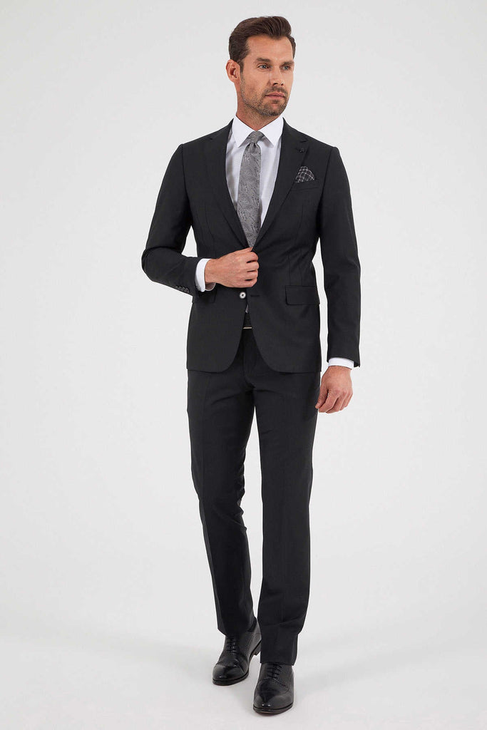 Comfort Fit Notch Lapel Plain Wool Blend Black Classic Suit