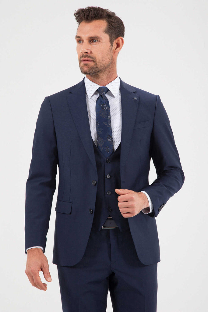 Comfort Fit Notch Lapel Plain Wool Blend Navy Classic Suit