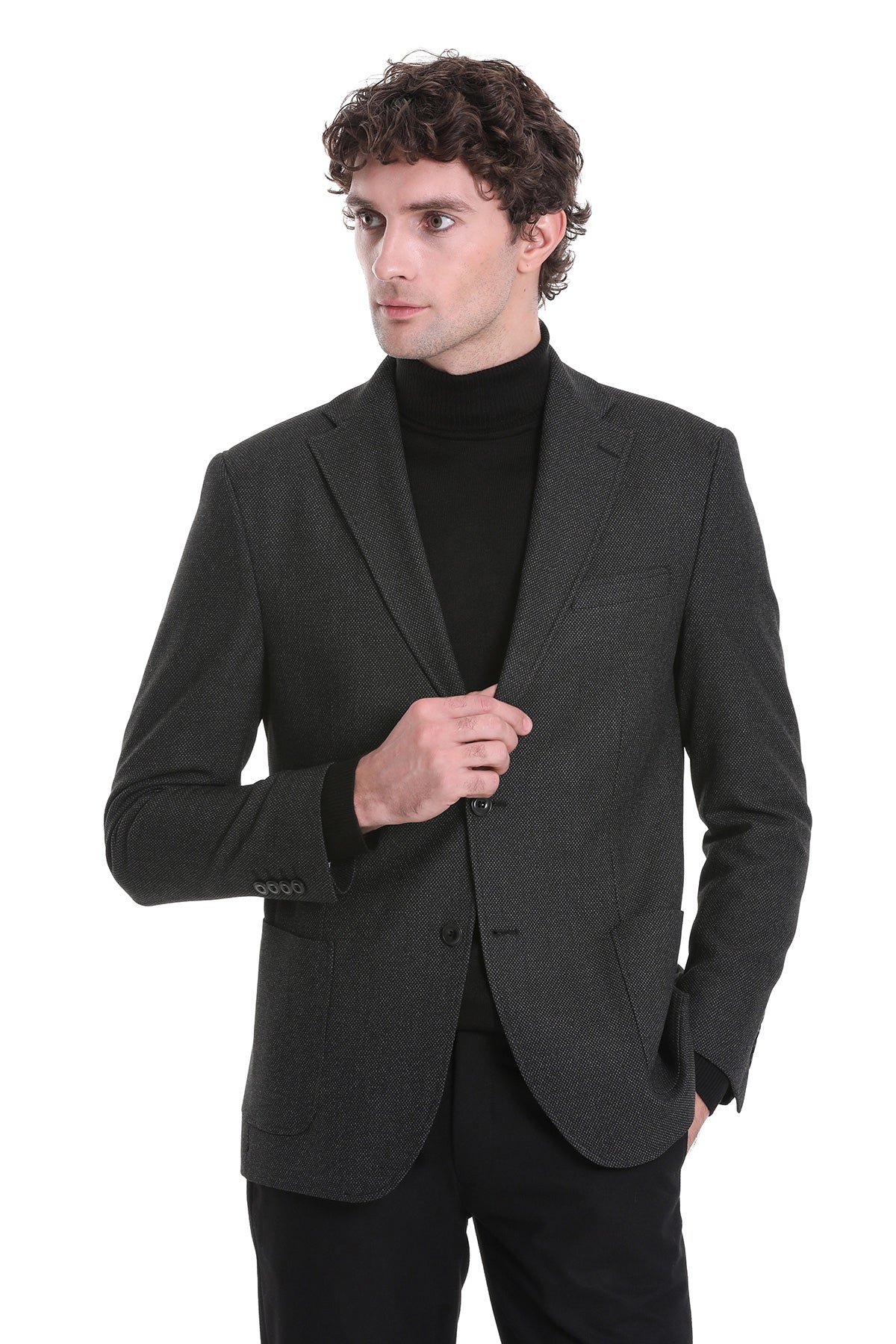 Dark gray textured blazer with subtle pattern and structured fit.