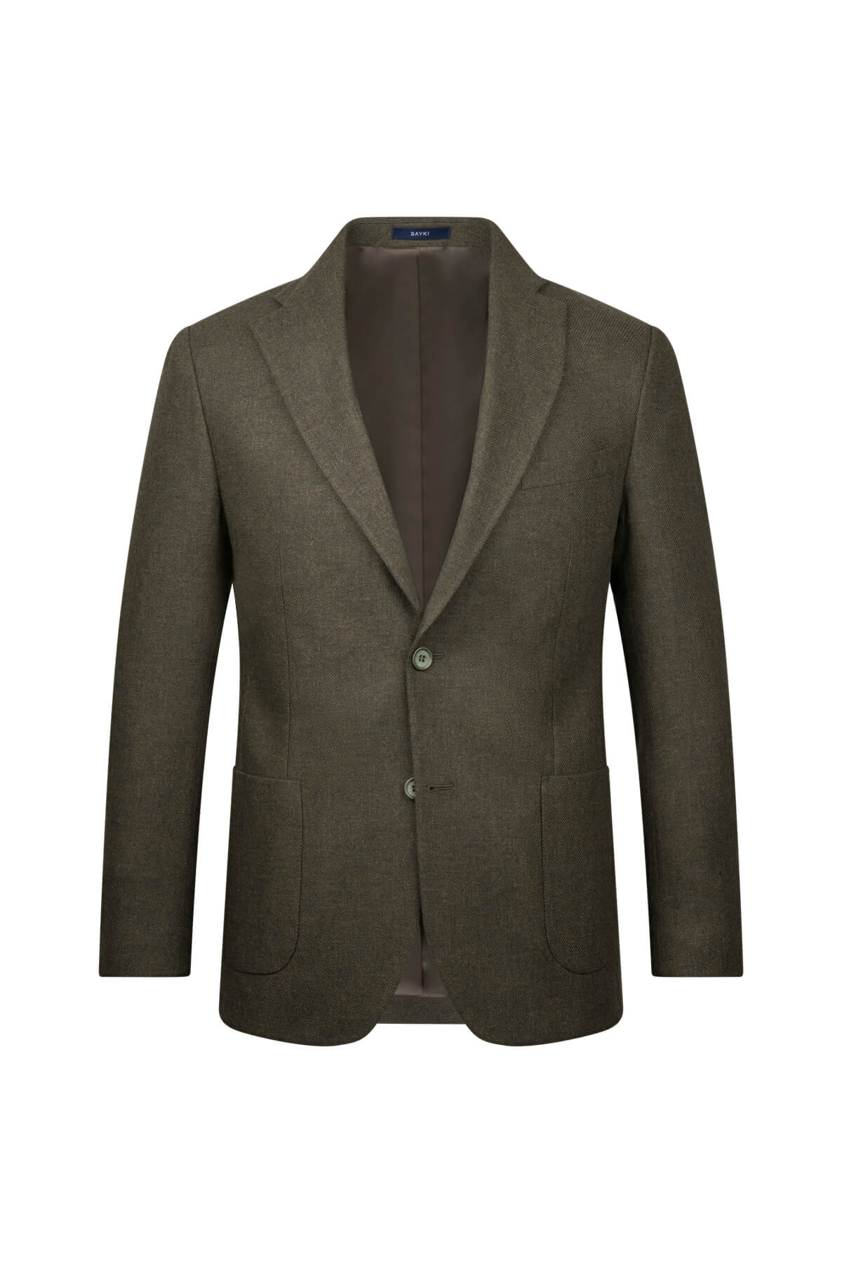 Olive green wool blazer with a classic notched lapel and two front buttons.