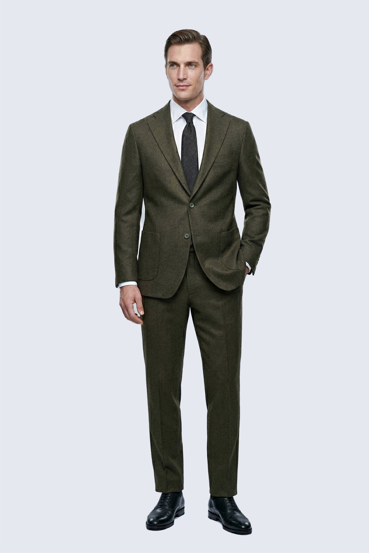 Comfort fit notch lapel wool blend khaki blazer with slim fit three-piece suit styled for smart casual wear