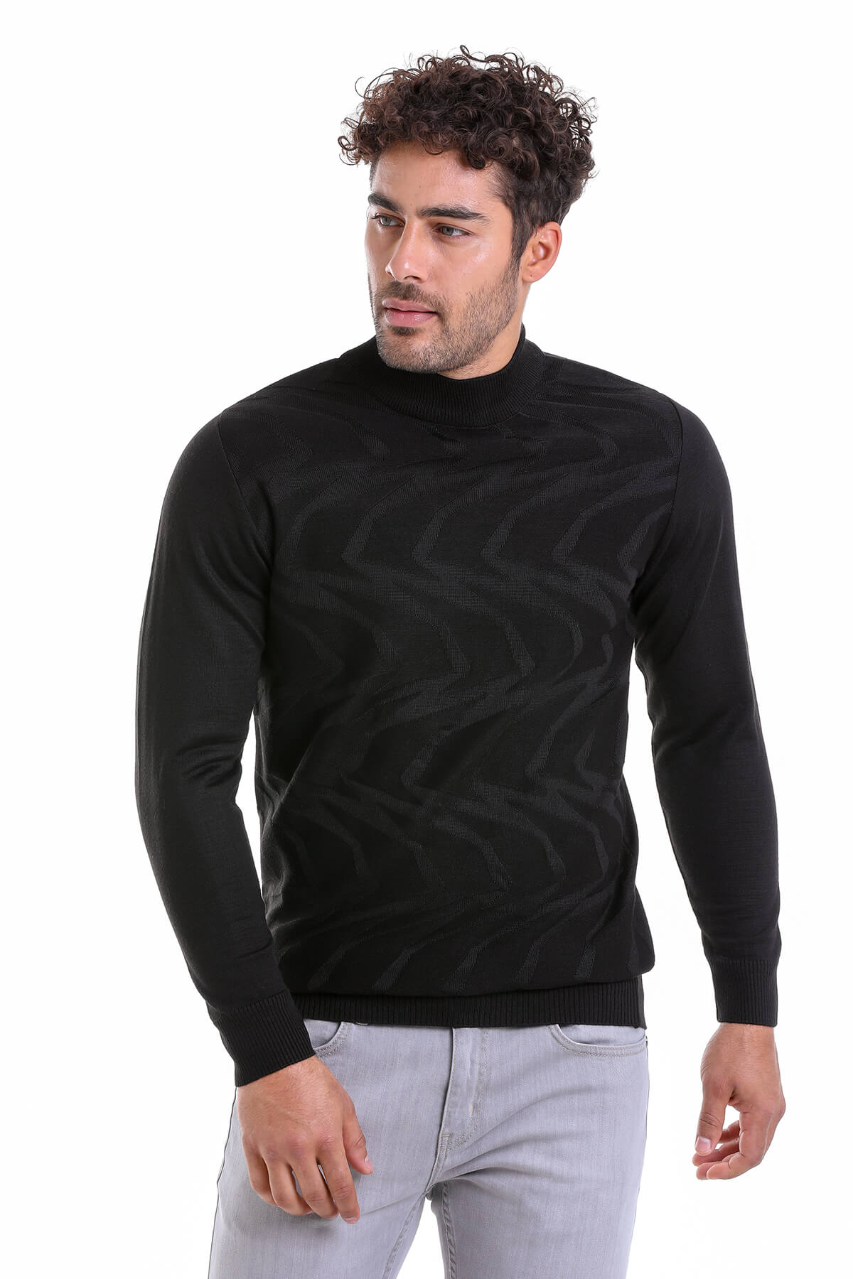Black turtleneck sweater with subtle textured pattern.