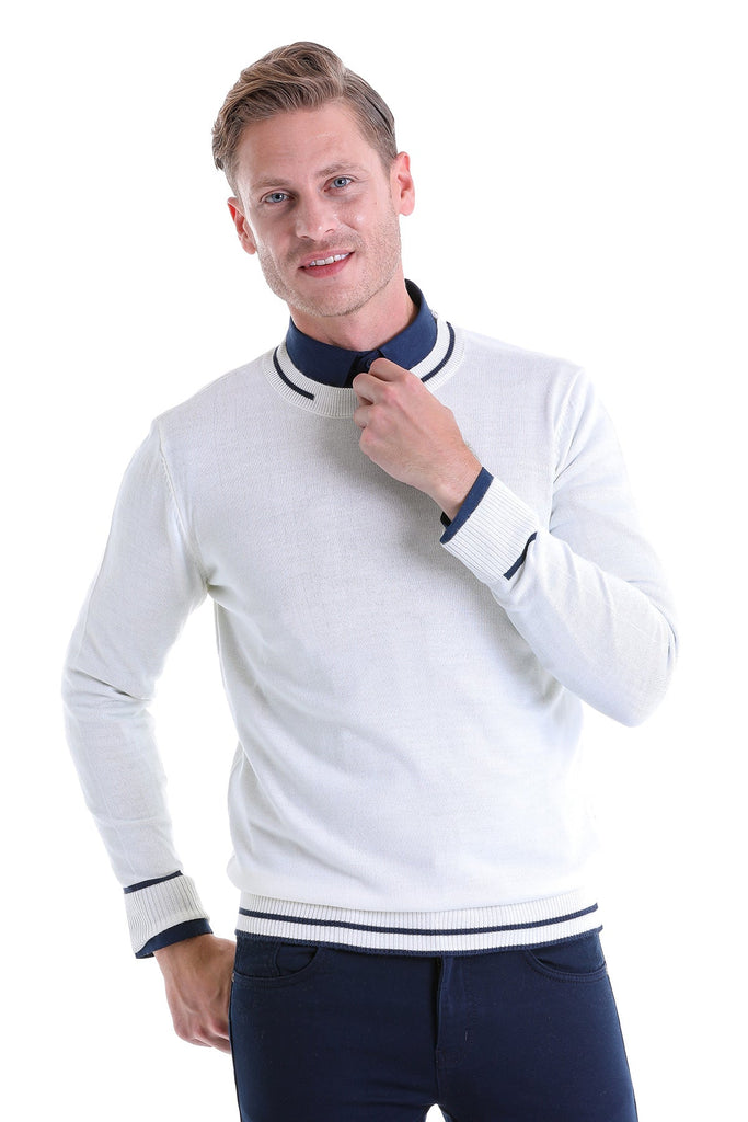 Comfort Fit Patterned Wool Blend Burgundy Crewneck Sweater