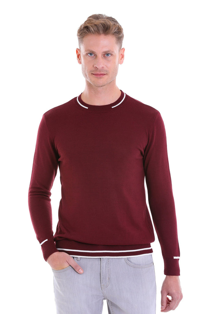 Comfort Fit Patterned Wool Blend Burgundy Crewneck Sweater