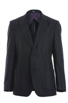 Black wool blazer with notched lapels and two front flap pockets.