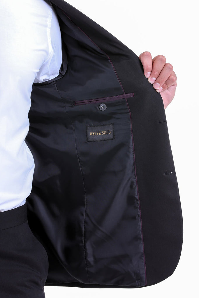 Comfort Fit Peak Lapel Plain Black Classic Suit - MIB
