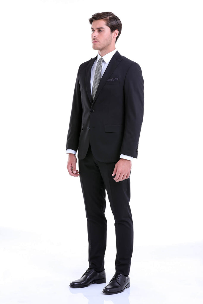 Comfort Fit Peak Lapel Plain Black Classic Suit - MIB