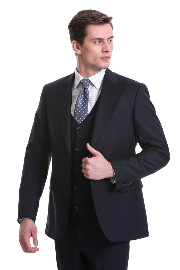 Comfort Fit Peak Lapel Plain Wool & Polyamide Classic Suit