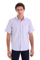 Light purple short-sleeved button-down shirt with a subtle checkered pattern.