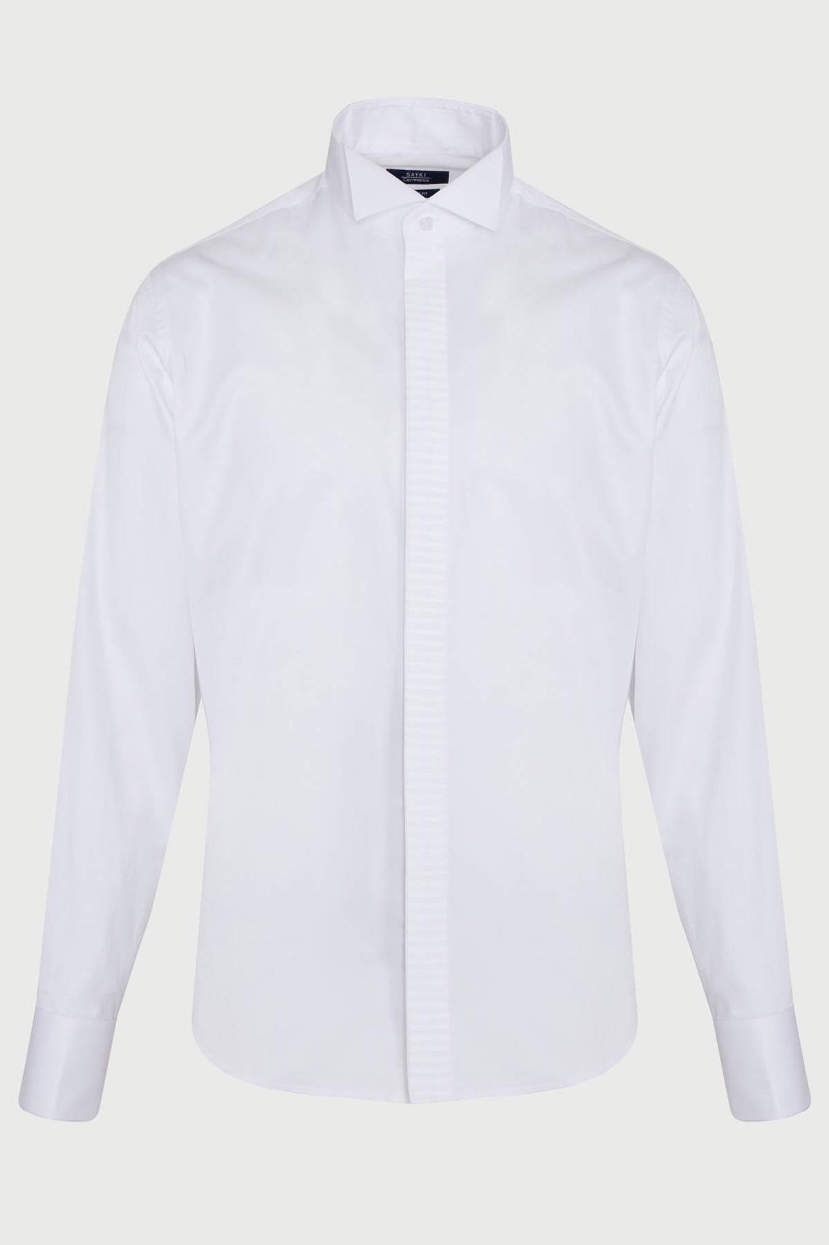 White men’s dress shirt with a classic collar and long sleeves, featuring a clean, tailored fit.