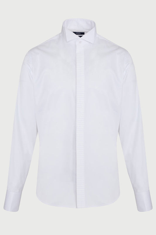 White men’s dress shirt with a classic collar and long sleeves, featuring a clean, tailored fit.