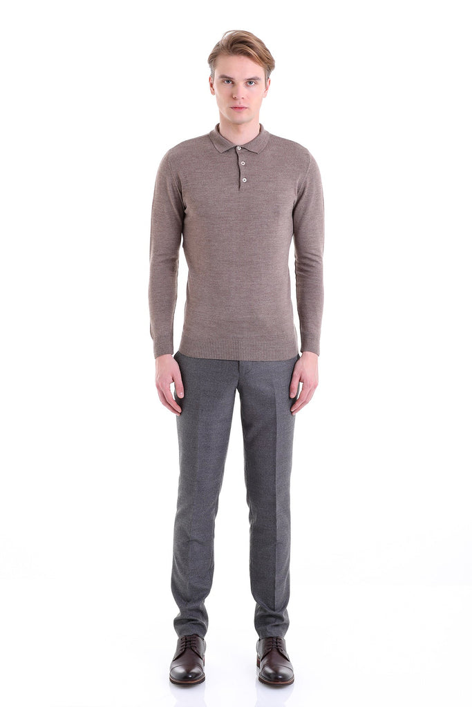 Comfort Fit Plain Wool Blend Beige Polo Sweater - MIB