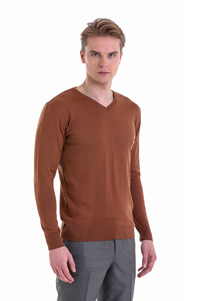 Comfort Fit Plain Wool Blend Beige V-Neck Sweater - V-Neck