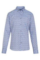 Light blue button-down shirt with a subtle dark blue floral pattern.