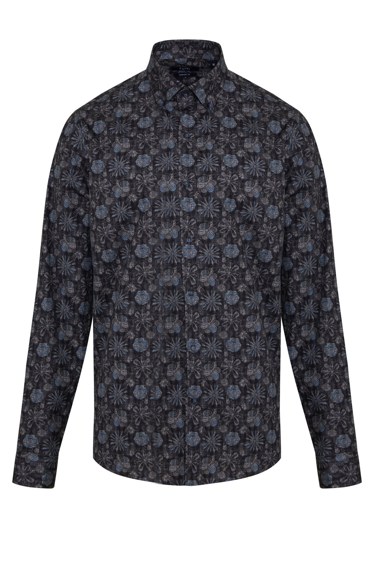 Dark gray button-down shirt with a subtle, repeating floral pattern in lighter shades of blue and white.