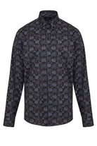 Dark gray button-down shirt with a subtle, repeating floral pattern in lighter shades of blue and white.