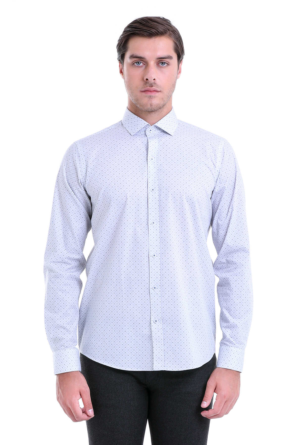 A light blue button-down shirt with a subtle pattern of small, evenly spaced dark dots across the fabric.
