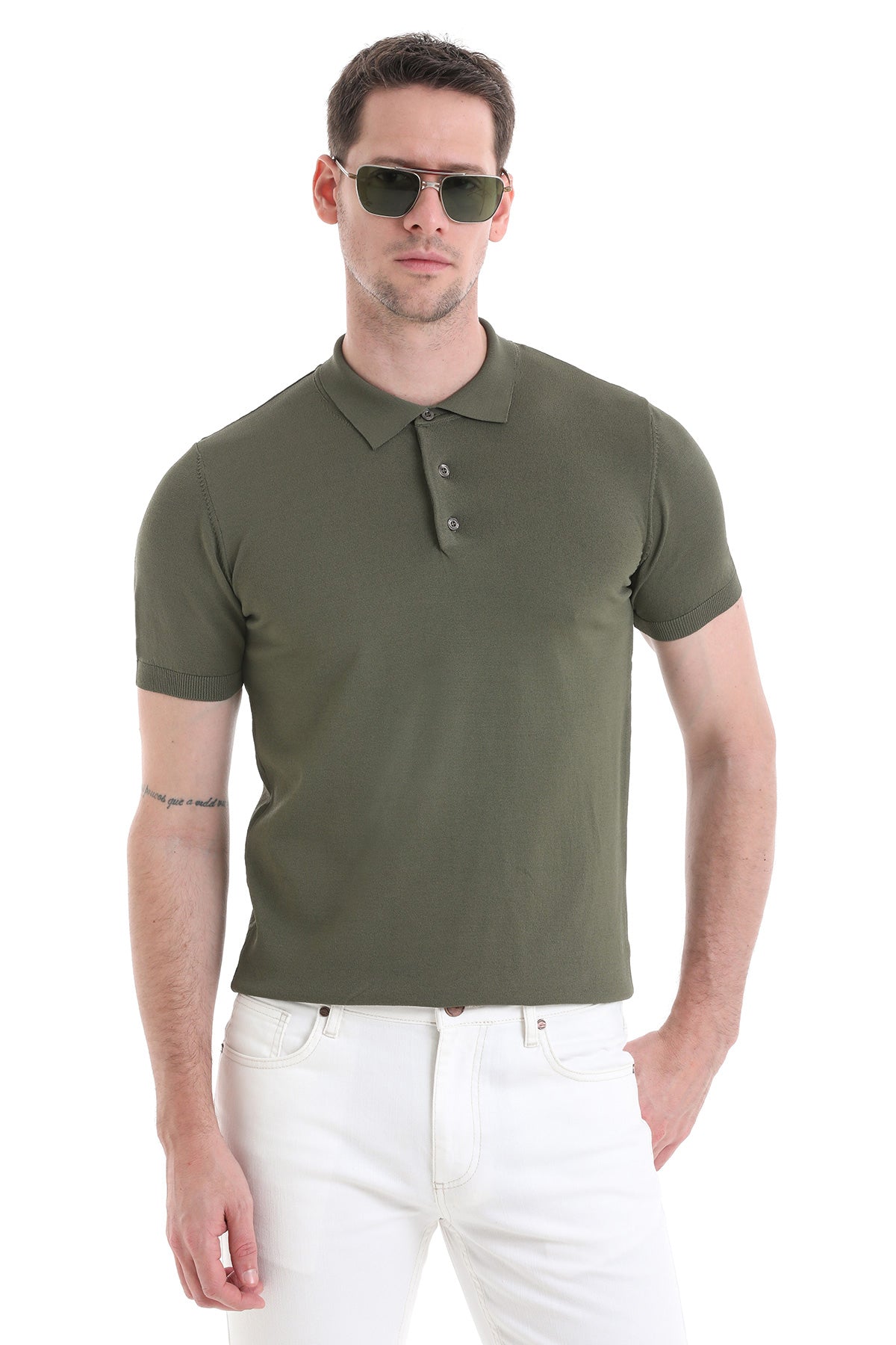 Olive green short-sleeved polo shirt with a classic collar and button placket.