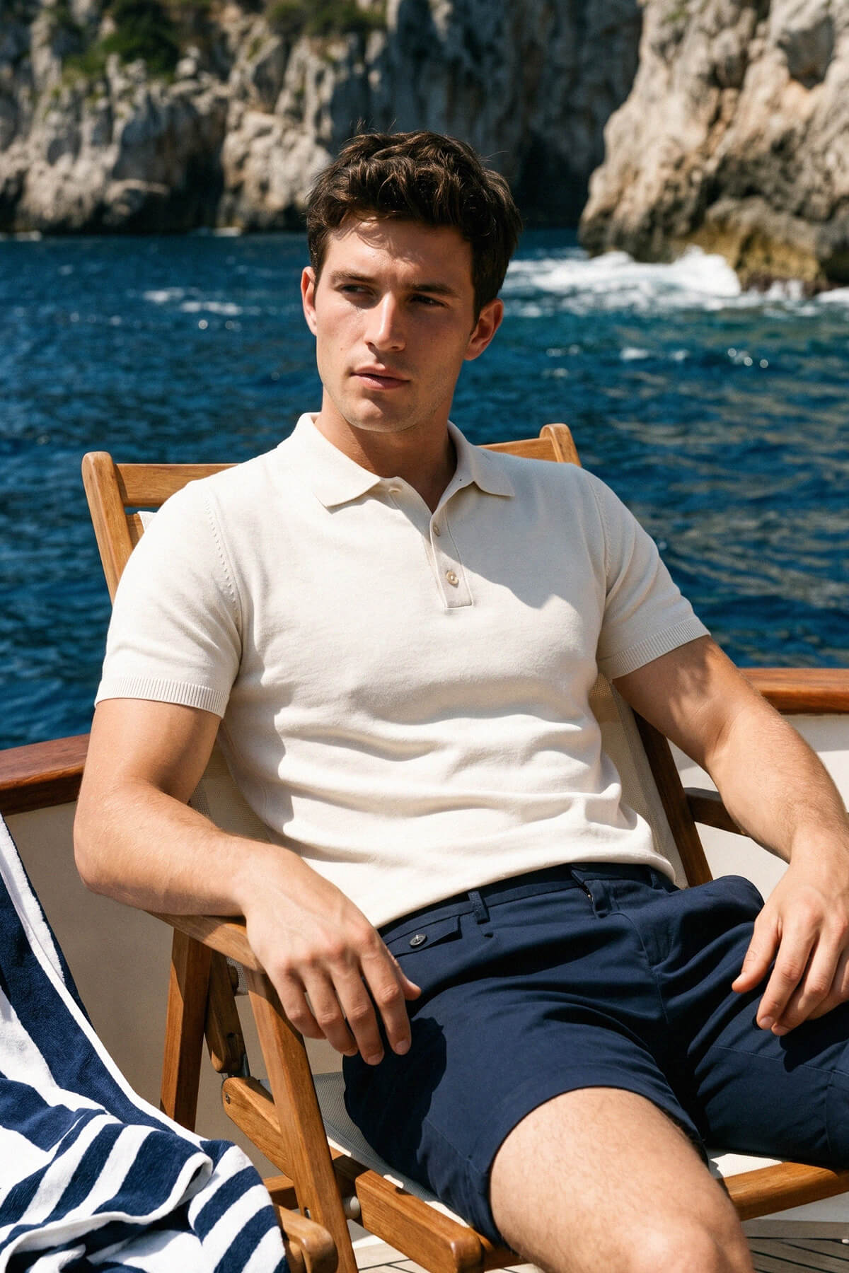 A man wearing a cream comfort fit rayon linen-tone polo t-shirt with a classic collar and button placket