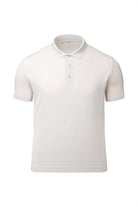 A crisp white short-sleeved polo shirt with a classic collar and three-button placket.