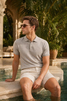 Light gray textured comfort fit rayon mink polo shirt with classic collar and buttoned placket for casual wear