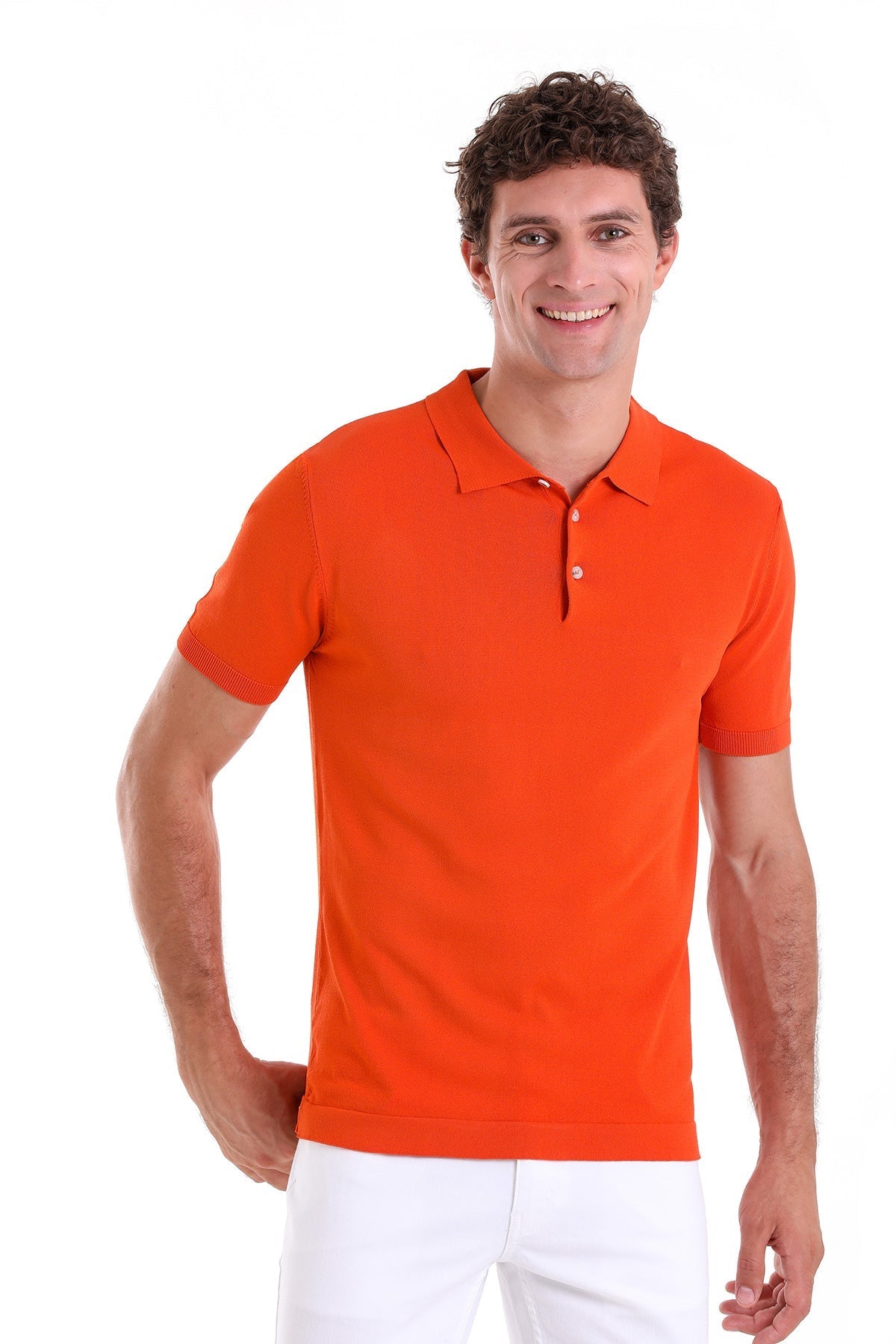 Bright orange short-sleeved polo shirt with a classic collar and button placket.
