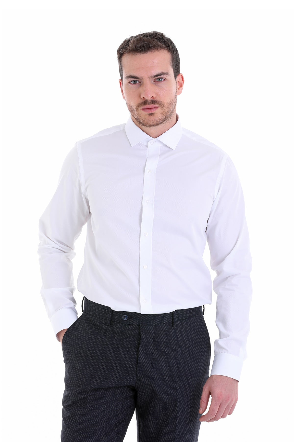 White men’s dress shirt with a classic collar and long sleeves.