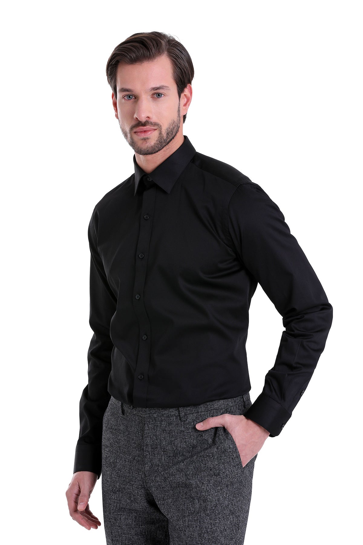 Black long-sleeved dress shirt with a classic collar and button-down front.