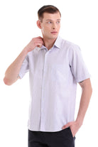 A light blue and white vertically striped short-sleeved button-up shirt.