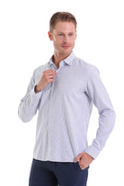 A light blue and white vertically striped long-sleeved dress shirt with a classic collar.