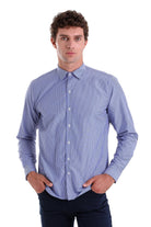 A men’s long-sleeved button-down shirt in a fine blue and white vertical striped pattern, made of smooth cotton fabric.