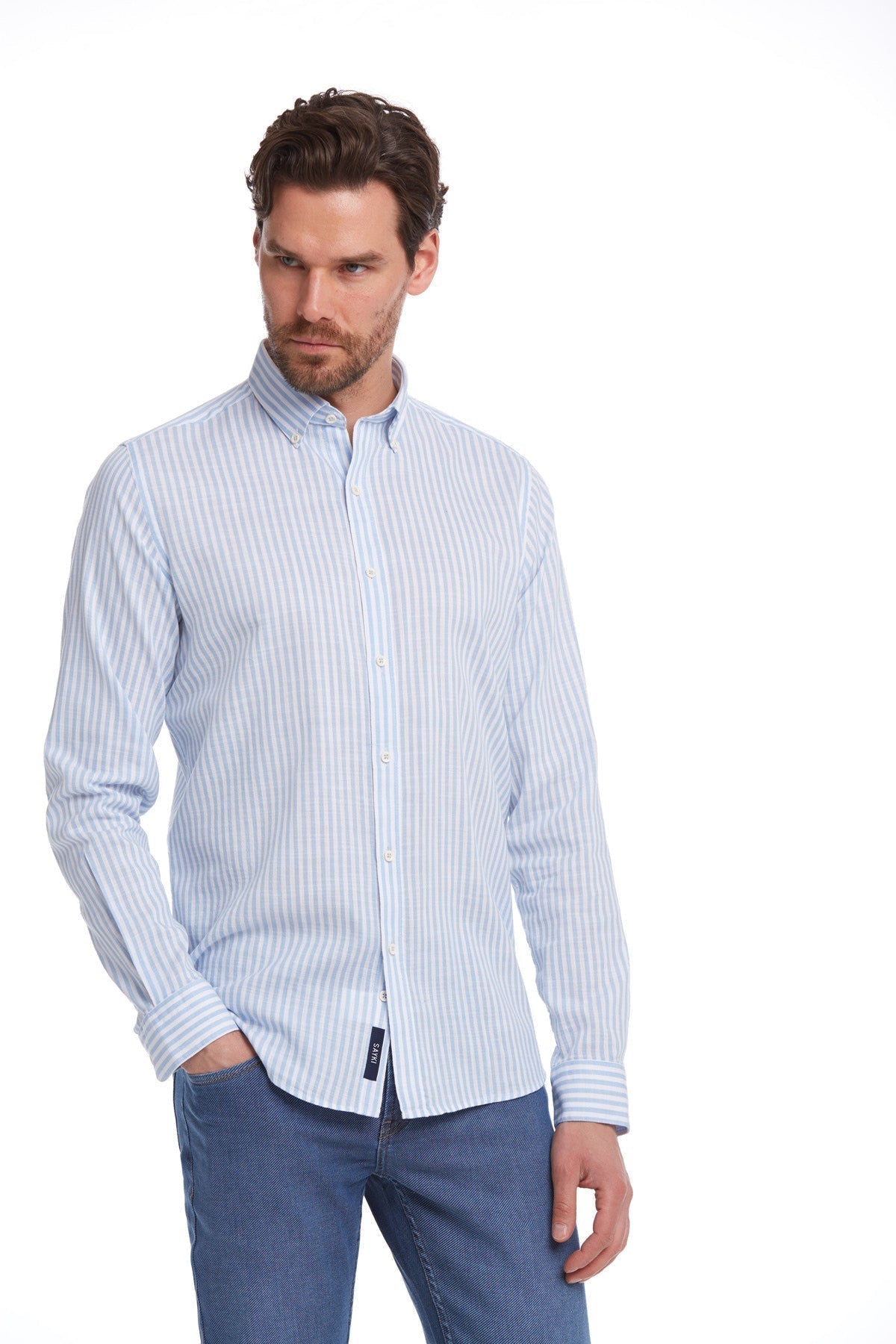 A light blue and white vertically striped long-sleeved button-down shirt with a classic collar.