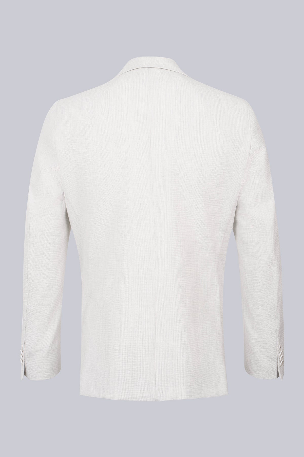 Comfort fit light gray blazer with subtle vertical ribbing notch lapel and matching buttoned cuffs for casual wear