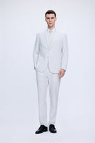 A sleek light gray comfort fit striped casual suit with tailored fit and subtle texture for men