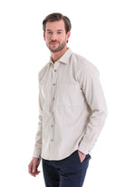Beige striped long-sleeve button-down shirt with a chest pocket and subtle vertical pinstripes.