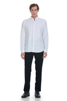 White long-sleeved button-down shirt with a classic collar and clean, tailored fit.