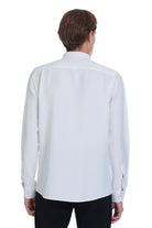 White long-sleeved dress shirt with a classic collar and subtle pleats at the back.