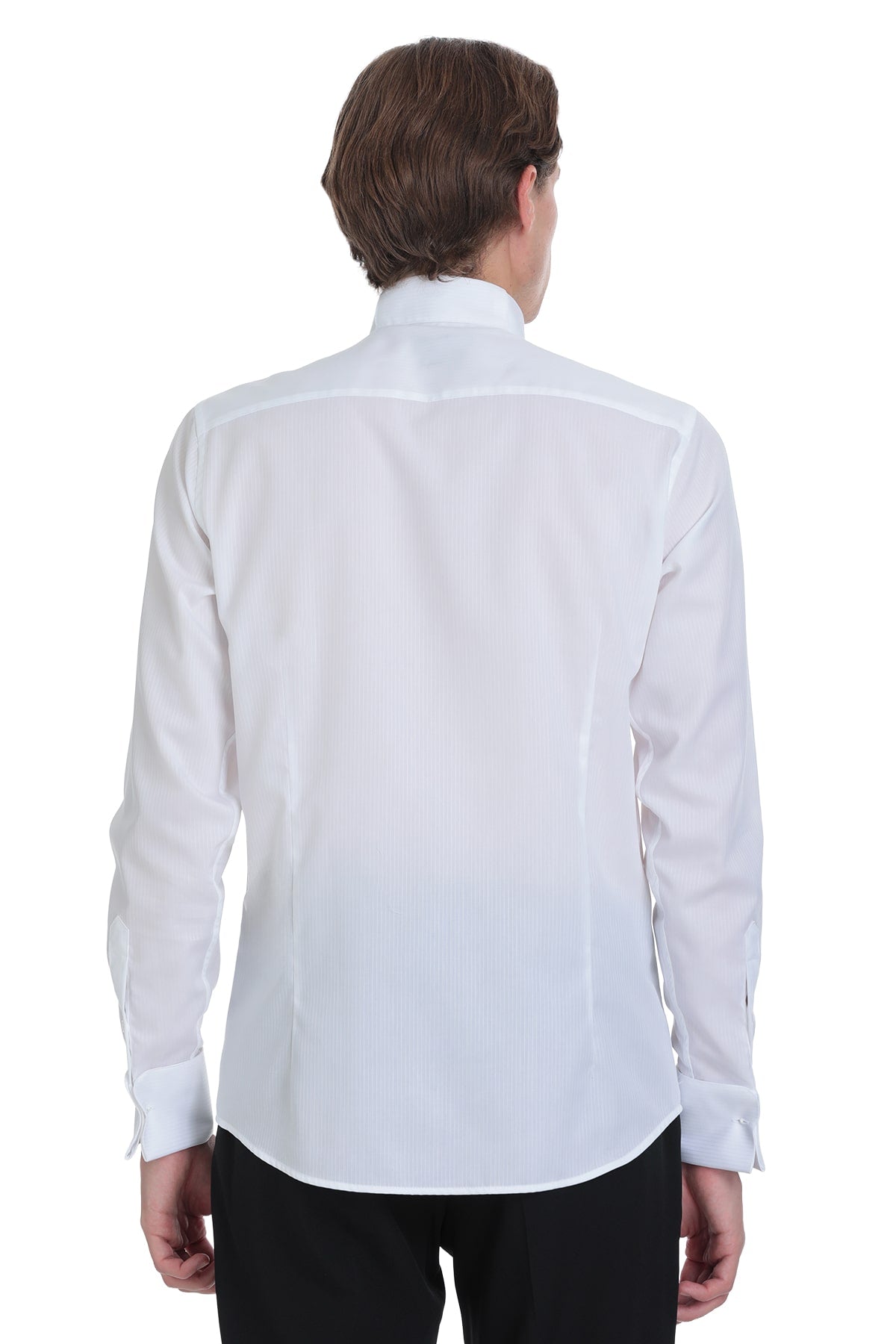 Back view of a comfort fit white cotton tuxedo shirt with tailored fit and subtle vertical pleats