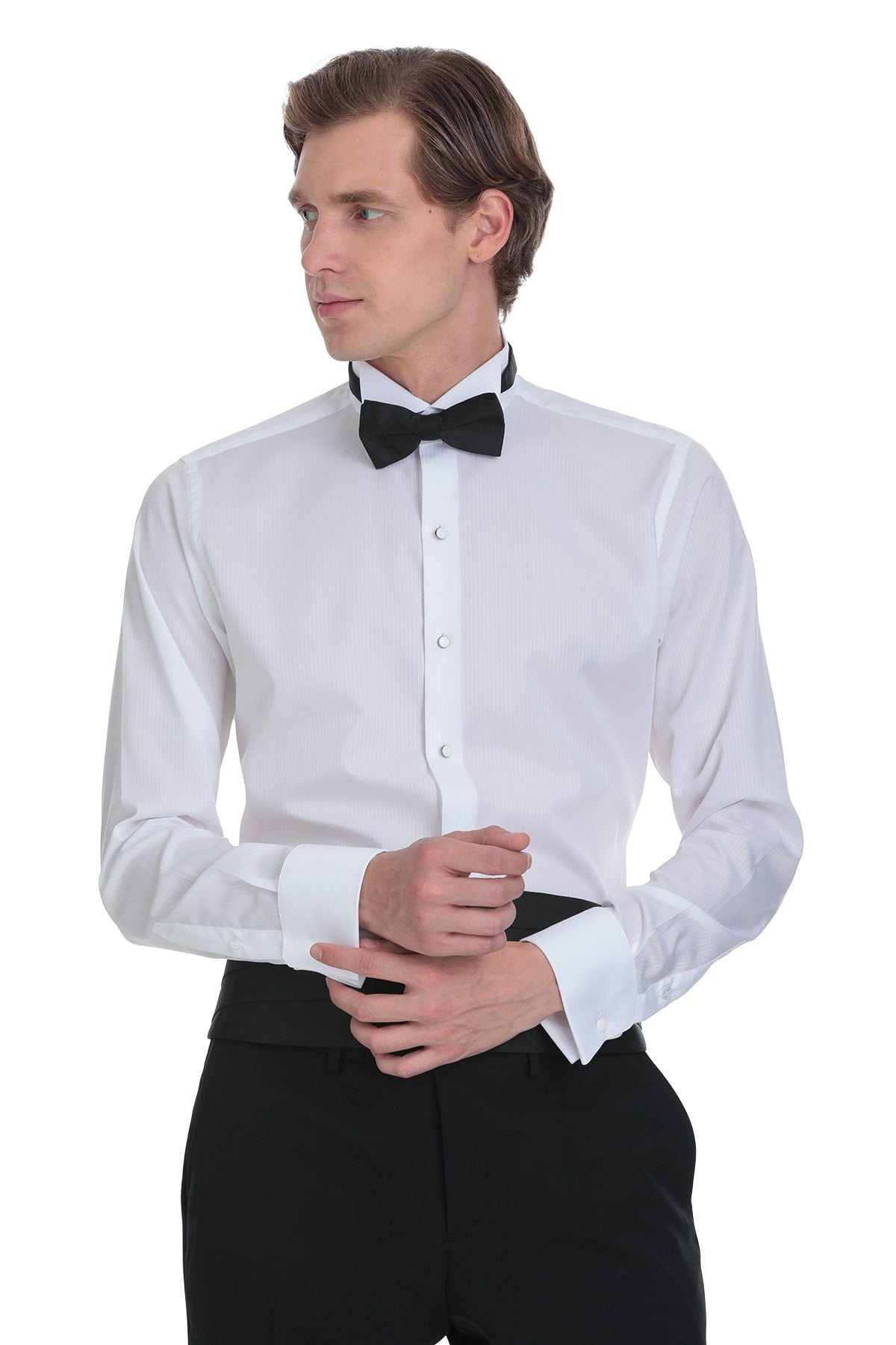 Comfort fit white tuxedo shirt in cotton with a crisp tailored fit and classic button down front for formal wear