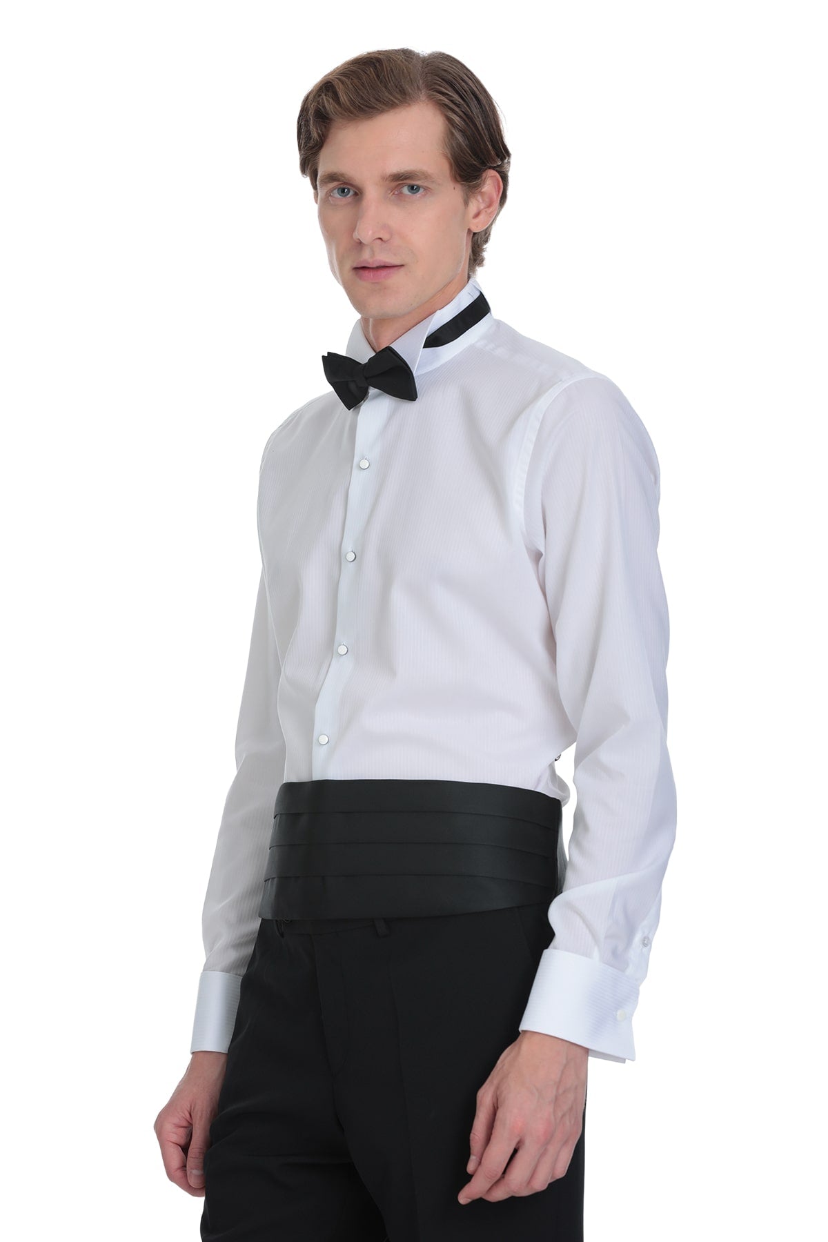 Black satin cummerbund with subtle pleats paired with a comfort fit white french cuff cotton tuxedo shirt