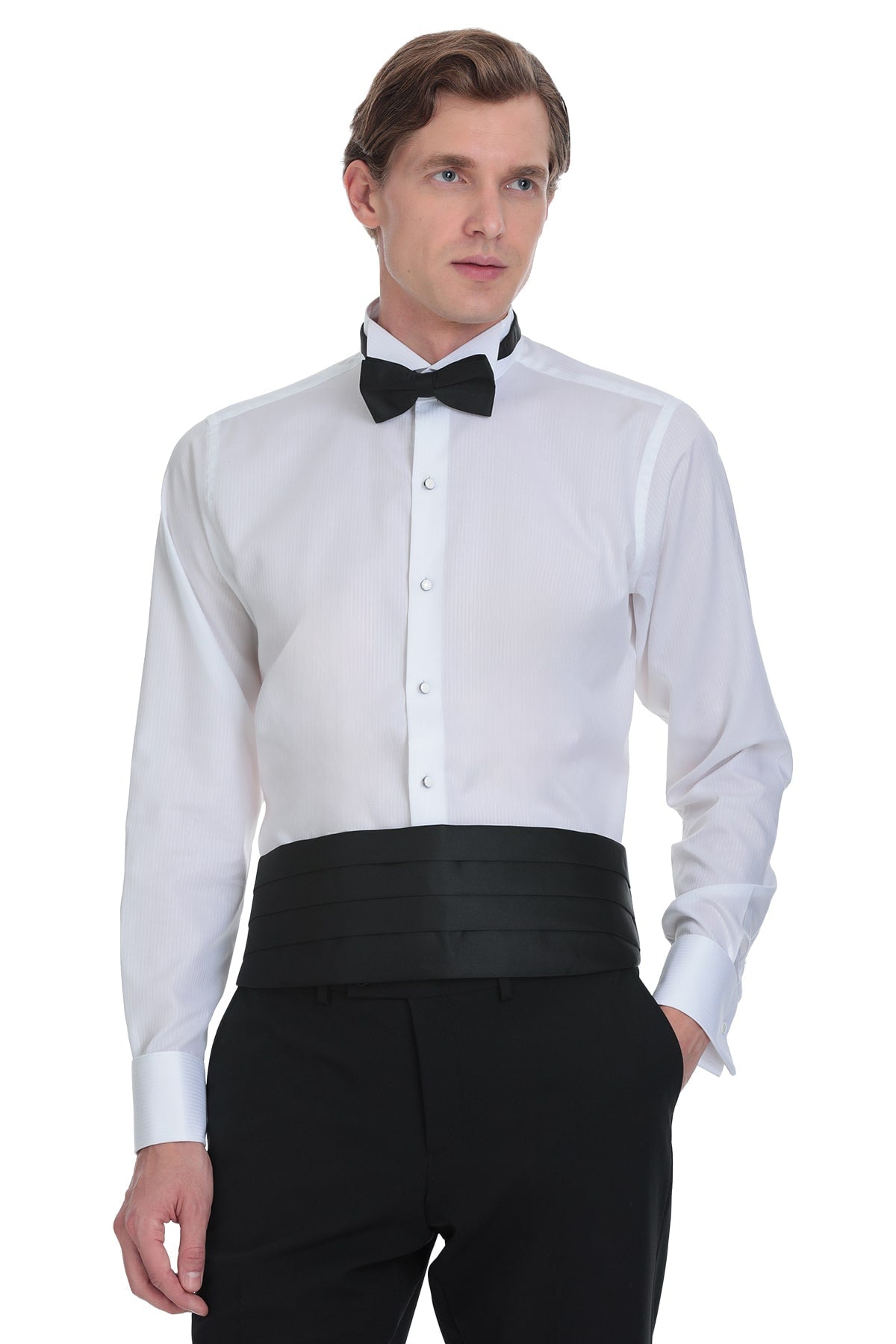 Comfort fit white cotton tuxedo shirt with french cuffs paired with black bow tie and matching cummerbund