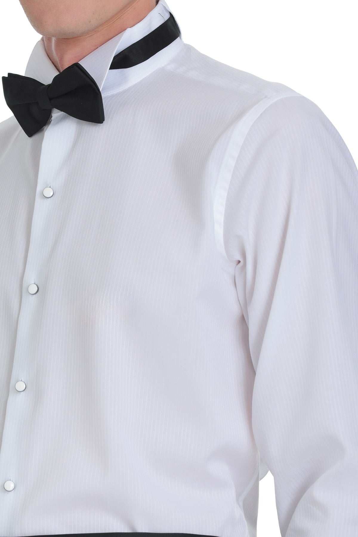Comfort fit white cotton tuxedo shirt with black satin collar and matching bow tie for formal occasions