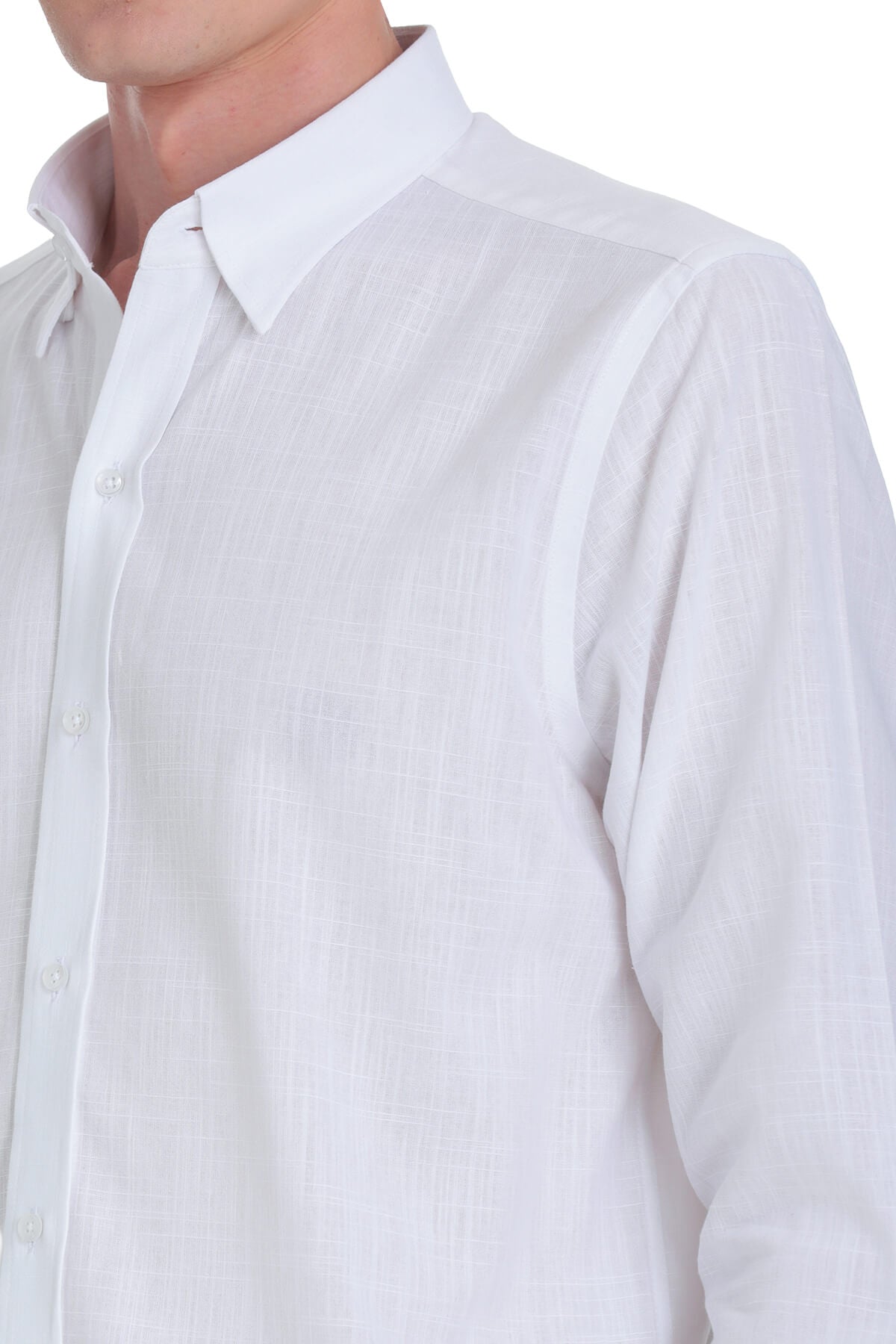 A crisp white linen button-down shirt with a classic collar and subtle texture.