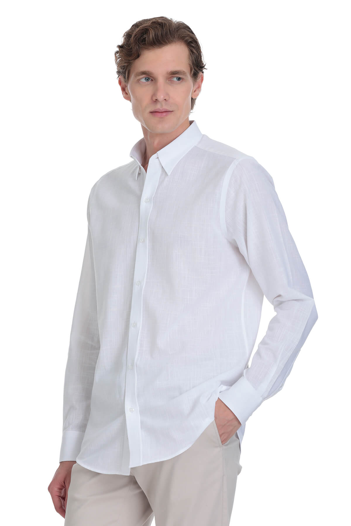 A crisp white long-sleeved dress shirt with a classic collar and button-down front.