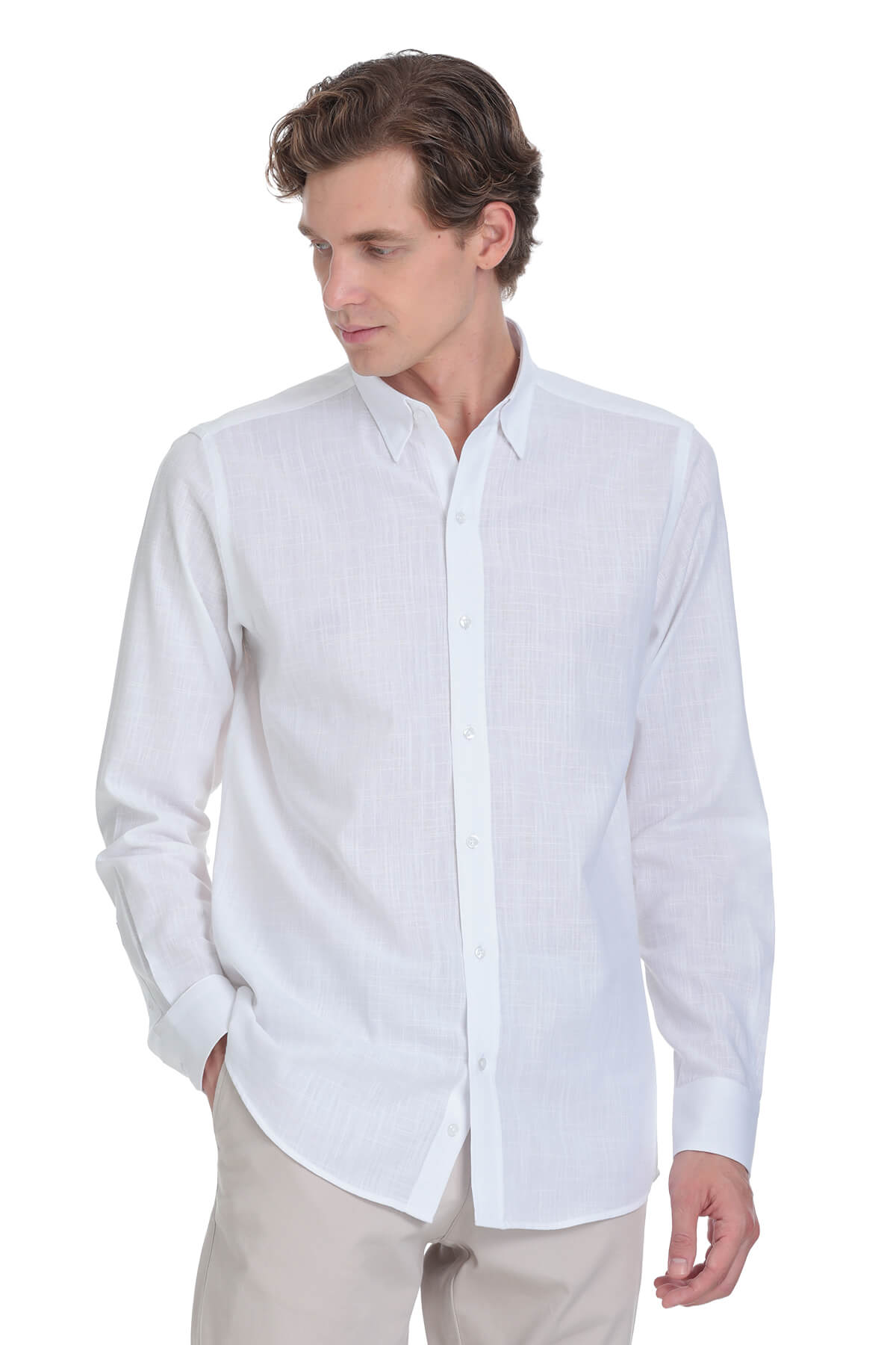 White long-sleeved button-down shirt with a classic collar and neatly pressed fabric.