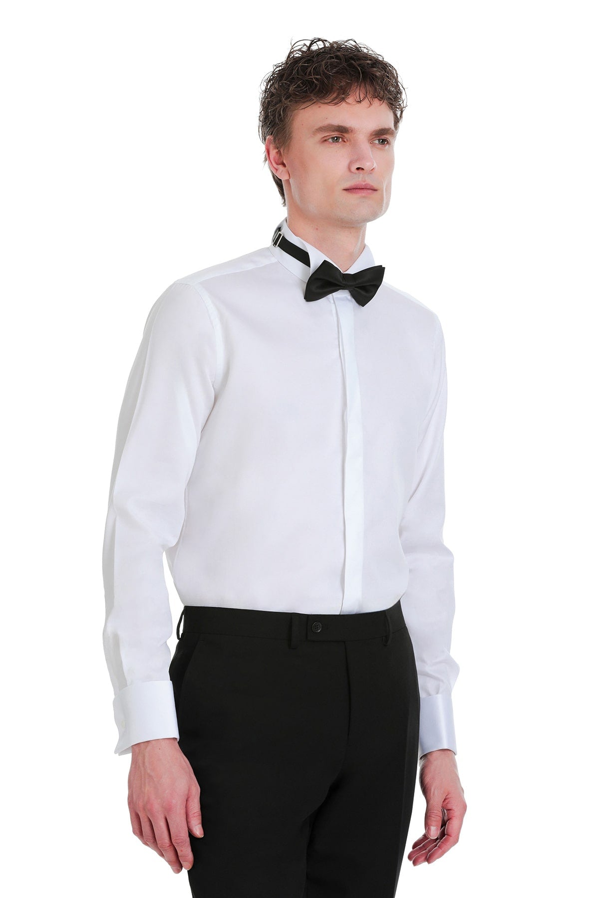 Comfort fit white sateen tuxedo shirt with tailored fit and french cuffs paired with a black bow tie