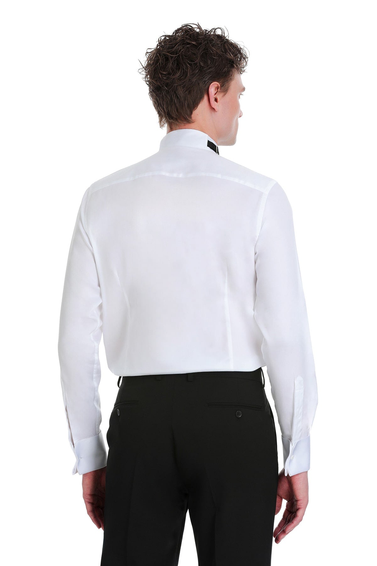 Comfort fit white sateen tuxedo shirt with tailored fit, subtle texture, and french cuffs for formal occasions