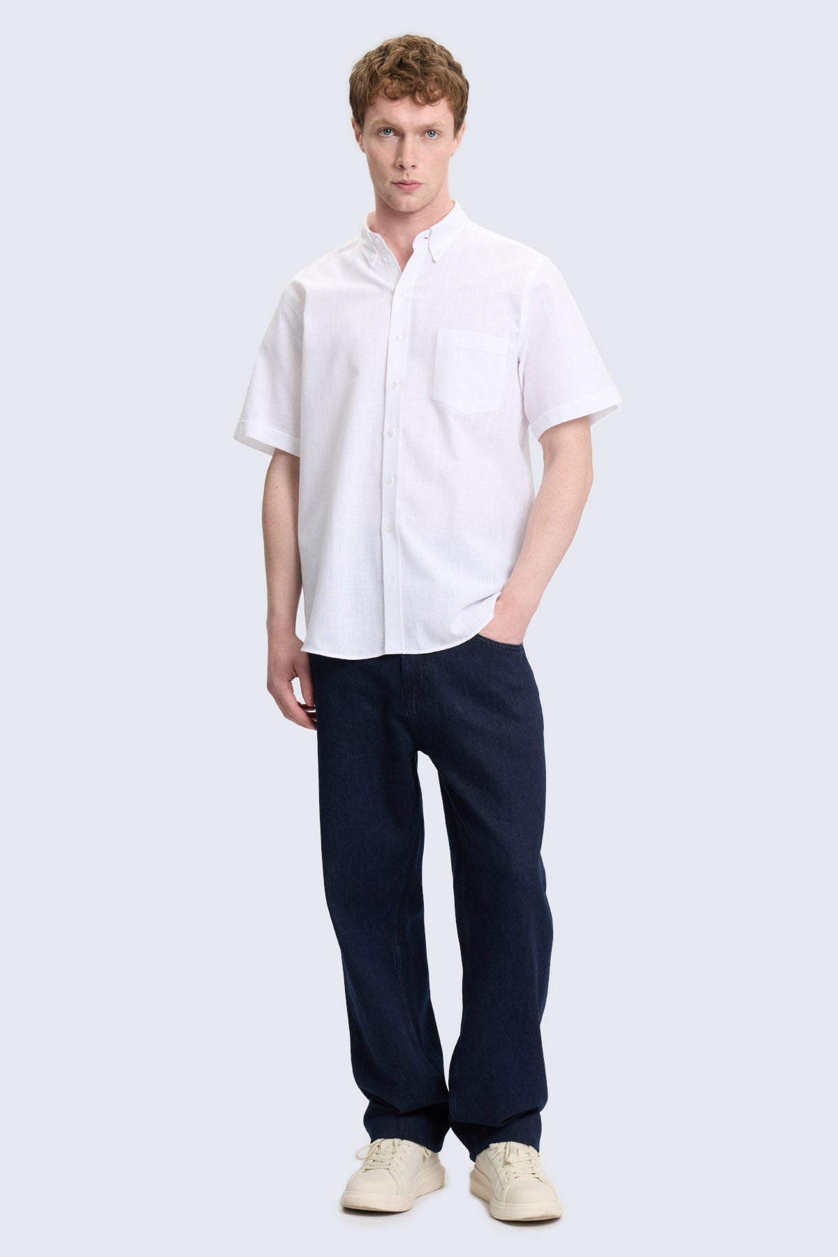 Comfort fit white short sleeve cotton casual shirt with classic collar and chest pocket for everyday wear